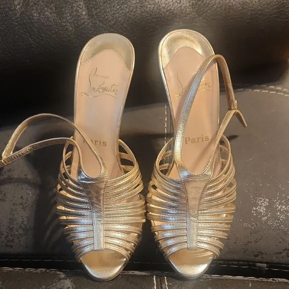 Christian Louboutin Metallic Gold Strappy Slingback Heels - Picture 3 of 6